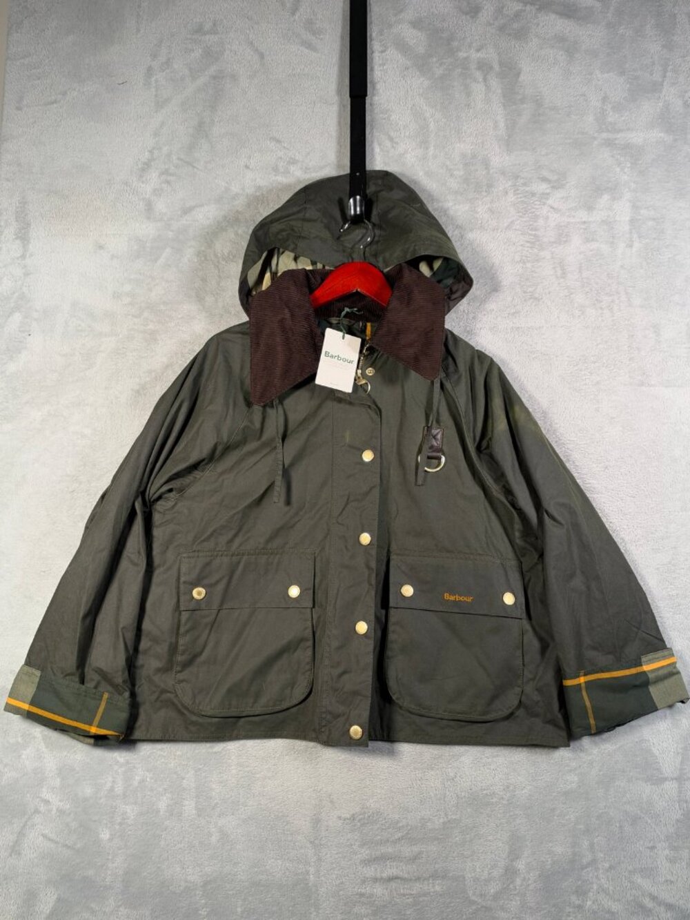 Barbour Jacket Womens 10 Green Reighton Waxed Cotton Hooded Corduroy $540
